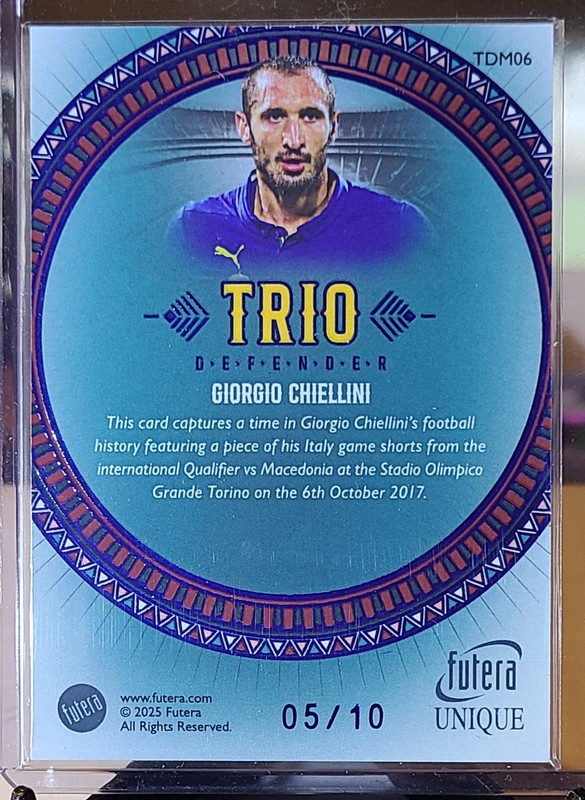 2025 Futera Unique Giorgio Chiellini Trio Defender /10 Game Worn Italy Juventus view 2