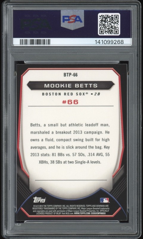 PSA 9 Mookie Betts 2014 Bowman Chrome #BTP66 Top 100 Prospects 66 Rookie RC view 2