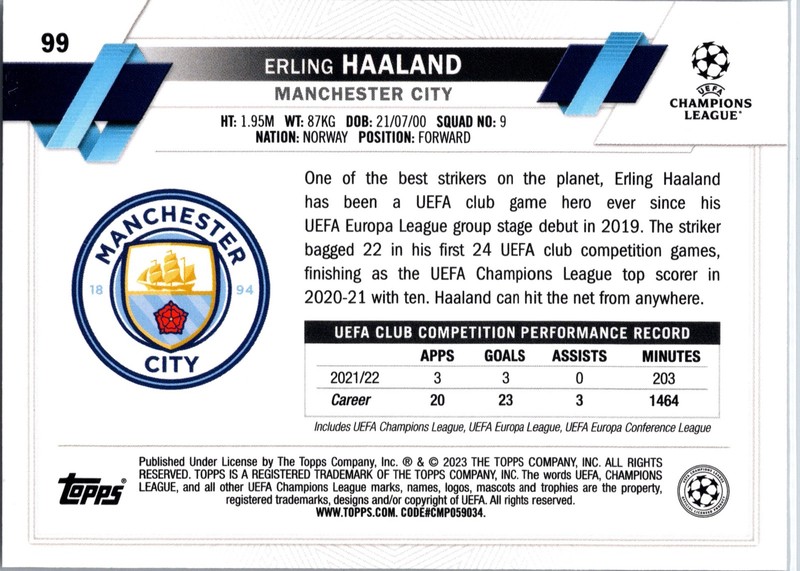 2022-23 Topps UEFA Club Competitions #99 Erling Haaland Norway view 2