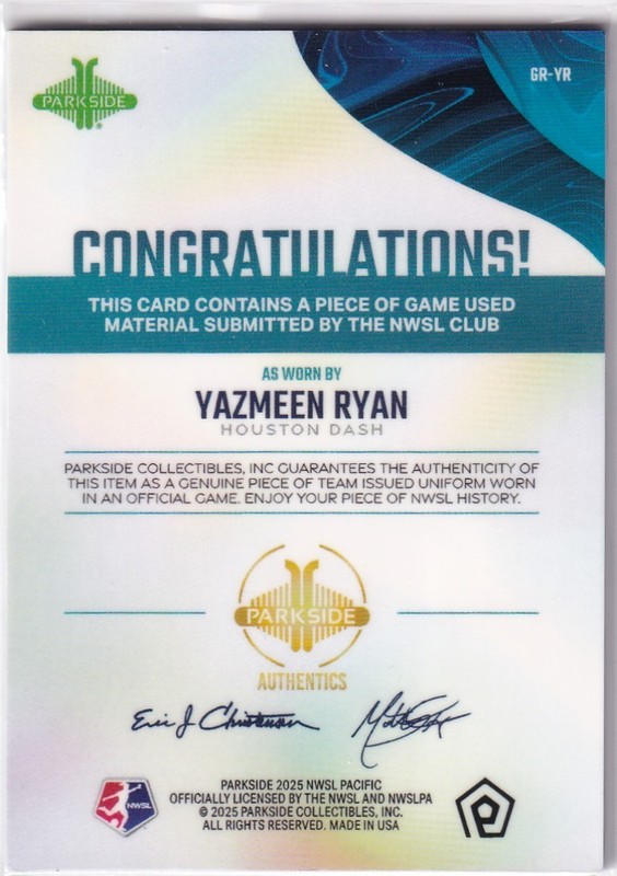 Yazmeen Ryan 2025 Parkside NWSL Pacific GAME USED MATCH WORN Jersey Relic view 2