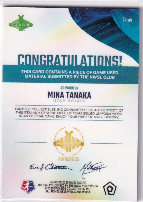 Mina Tanaka 2025 Parkside NWSL Pacific GAME USED MATCH WORN Jersey Relic view 2