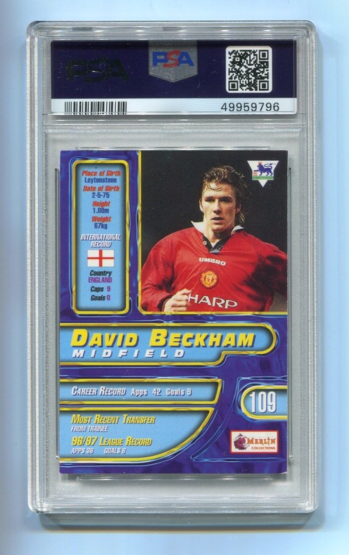 1997-1998 Merlin Premier Gold 98 109 David Beckham PSA 6 E-Mint England 2nd Year view 2