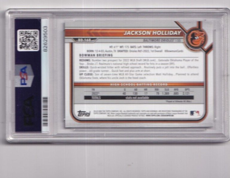 2022 Bowman Draft Jackson Holliday   # BD 168  PSA 10 Gem Mint view 2