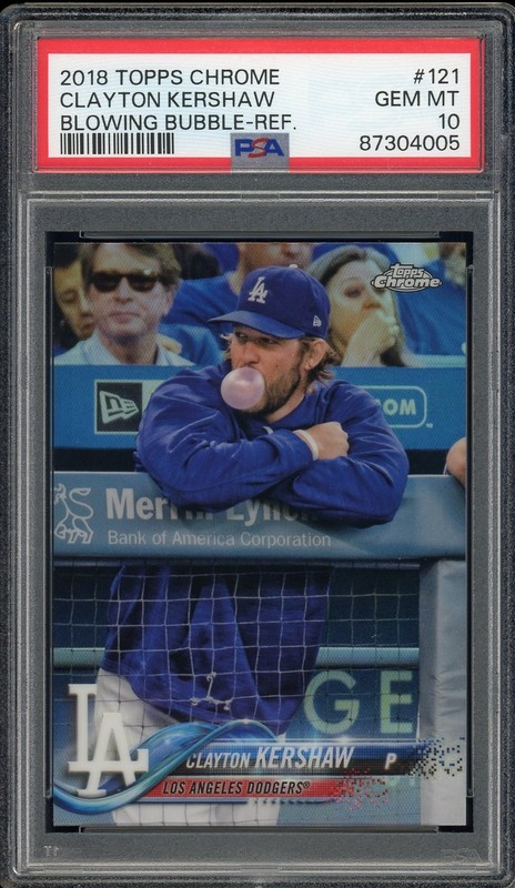 Clayton Kershaw 2018 Topps Chrome #121 Blowing Bubble Image Variation SP PSA 10