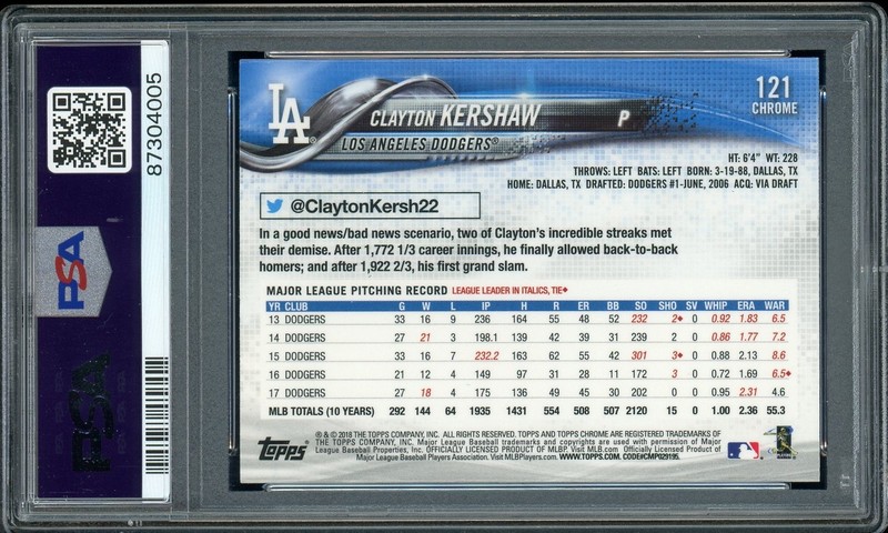 Clayton Kershaw 2018 Topps Chrome #121 Blowing Bubble Image Variation SP PSA 10 view 2