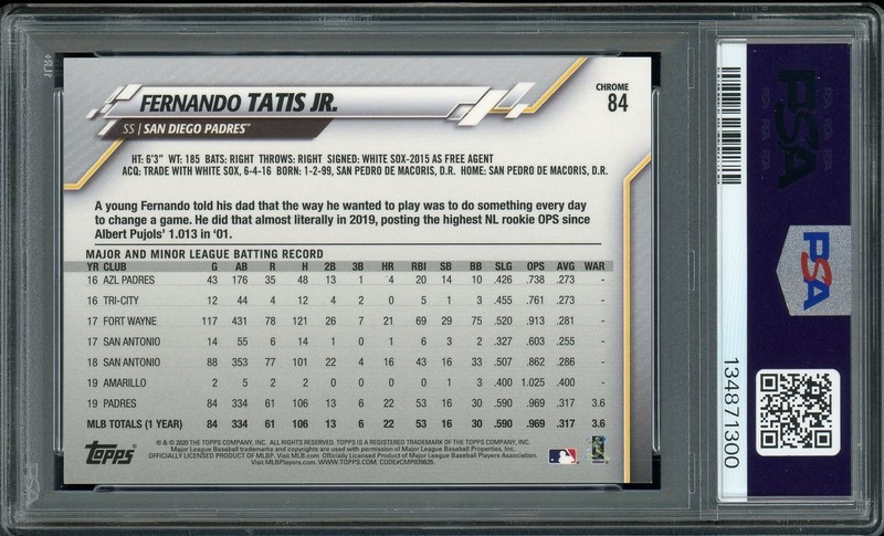Fernando Tatis Jr. 2020 Topps Chrome #84 Image Variation SP PSA 10 GEM Padres view 2
