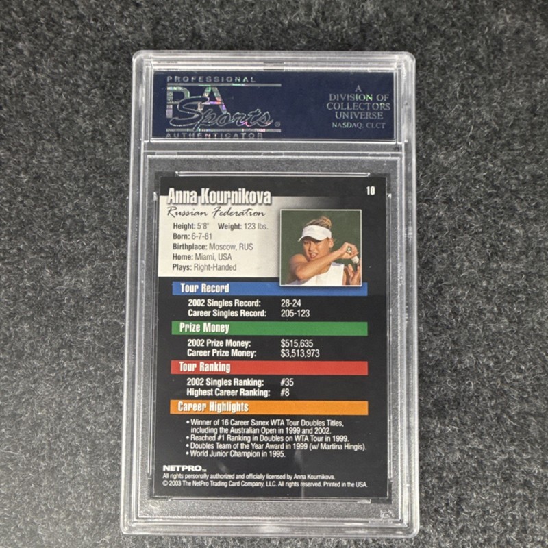 Anna Kournikova 2003 NetPro Autographed Tennis Trading Card PSA Authenticated view 2
