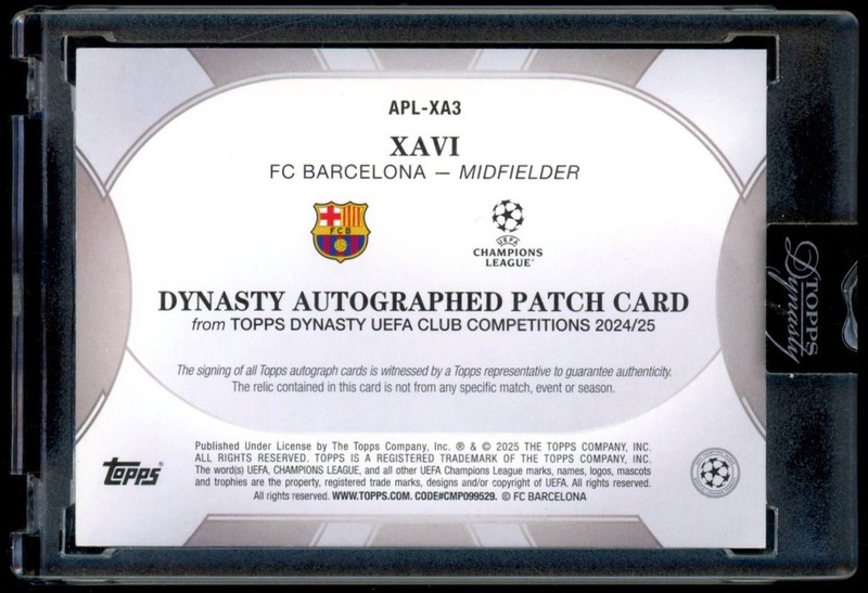 2024-25 Topps Dynasty Soccer Xavi Patch Auto Gold 1/1 "FCB" Barcelona view 2