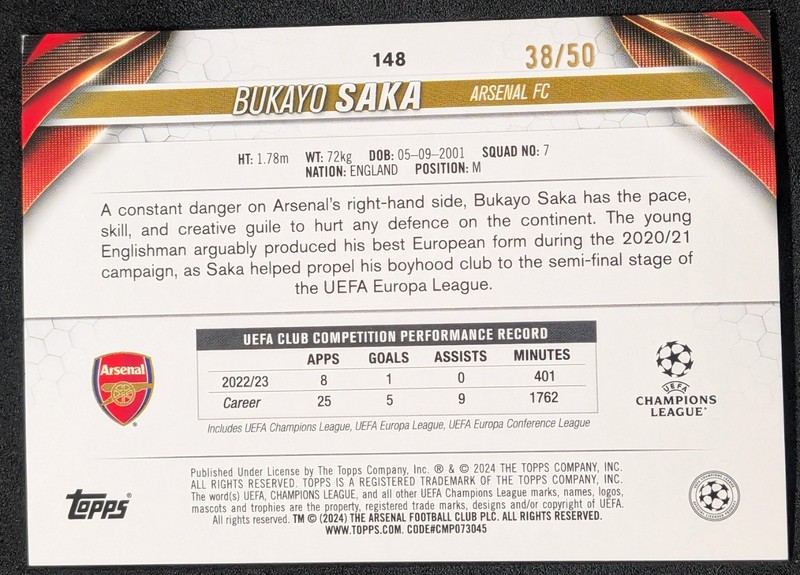 Bukayo Saka 2023 2024 2023-24 Topps Chrome UEFA UCC #148 Gold Refractor /50 view 2