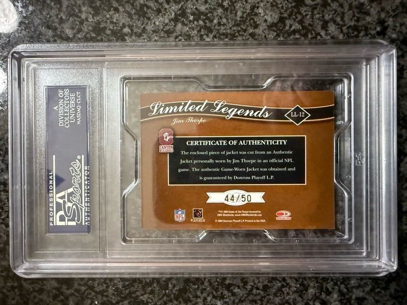 2004 LEAF LIMITED JIM THORPE GAME WORN PATCH JERSEY #44/50 LEGENDS HOF PSA 9 view 2