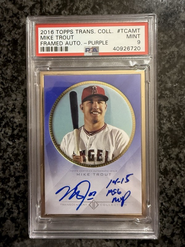 2016 TOPPS TRANSCENDENT MIKE TROUT AUTO INSCRIPTION #/10 14-15 ASG MVP PSA 9 view 1