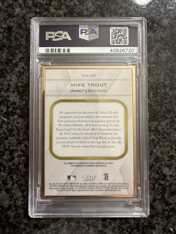 2016 TOPPS TRANSCENDENT MIKE TROUT AUTO INSCRIPTION #/10 14-15 ASG MVP PSA 9 view 2