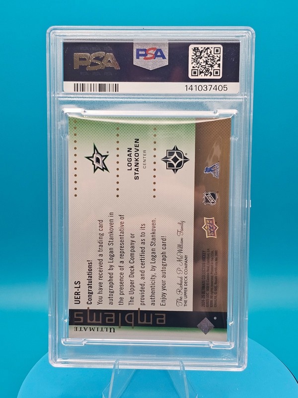 2024-25 Ultimate Collection Emblems Rookie Auto GOLD Logan Stankoven /99 PSA 9 view 2