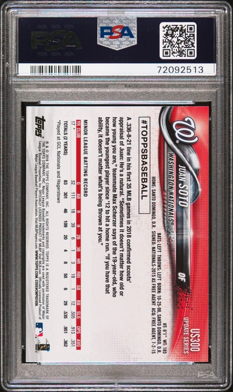 2018 TOPPS UPDATE #US300 JUAN SOTO SP RC PHOTO VARIATION HANDS ON HIPS PSA 10 view 2