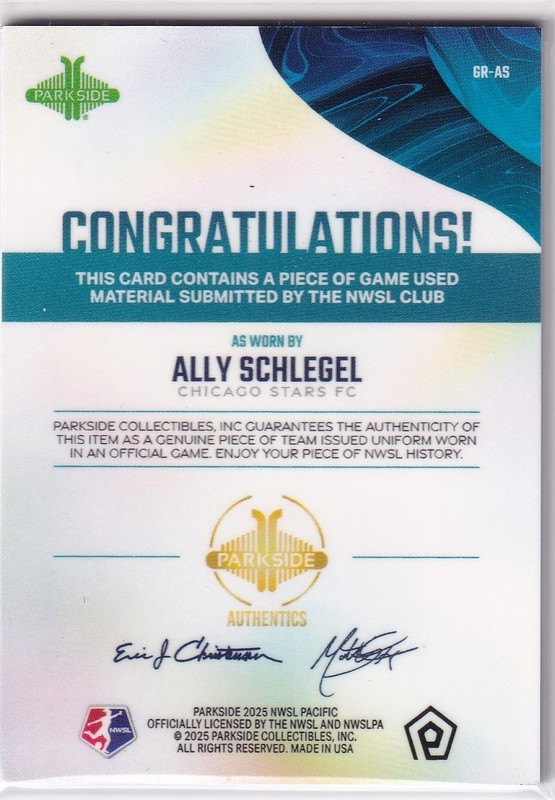 Ally Schlegel 2025 Parkside NWSL Pacific GAME USED MATCH WORN Jersey Relic (A) view 2