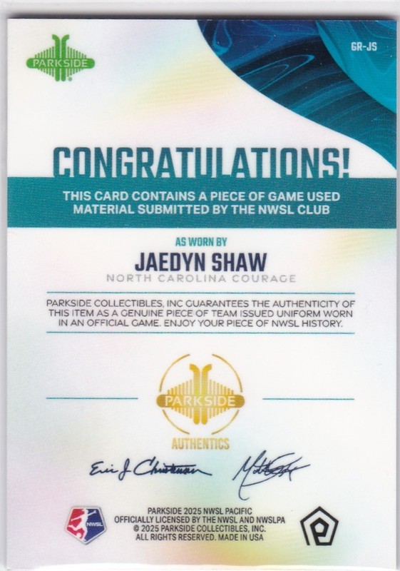 JAEDYN SHAW  2025 Parkside NWSL Pacific GAME USED MATCH WORN Jersey Relic (B) view 2
