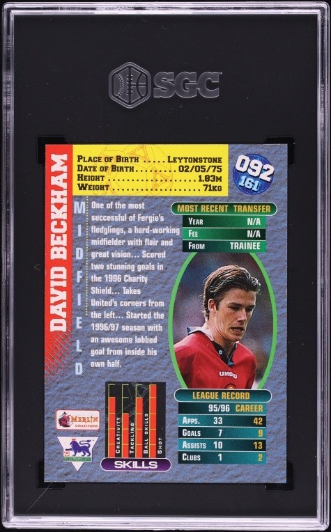Looks Perfect! David Beckham 1996-97 Merlin Premier Gold #92 Rookie SGC 8.5 view 2
