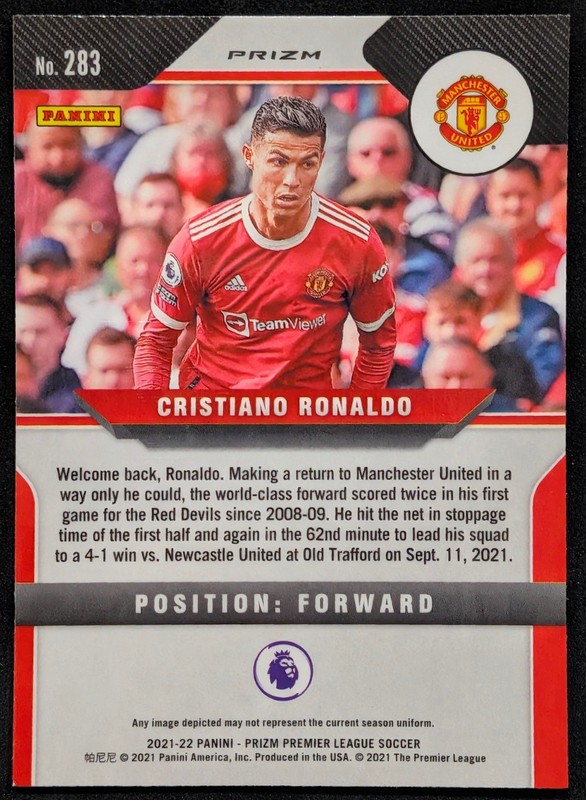 2021-22 Panini Prizm Premier League Cristiano Ronaldo #283 Silver Prizm MUFC view 2