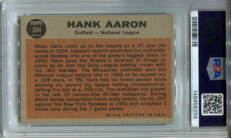1962 Topps #394 Hank Aaron PSA 5 EX Milwaukee Braves view 2