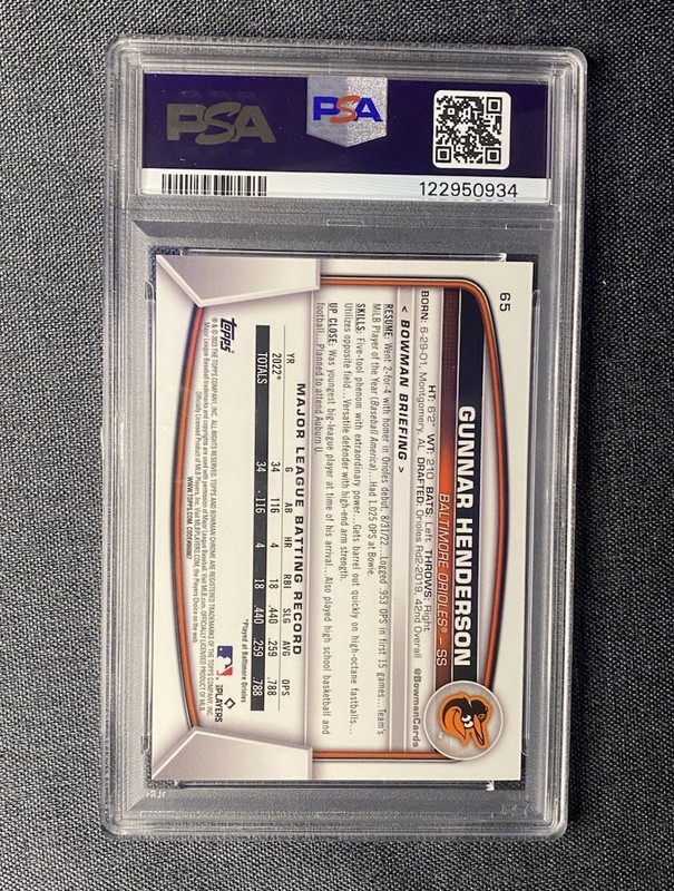 2023 Bowman Chrome Gunnar Henderson Green Refractor /99 (RC) SP PSA 9 view 2