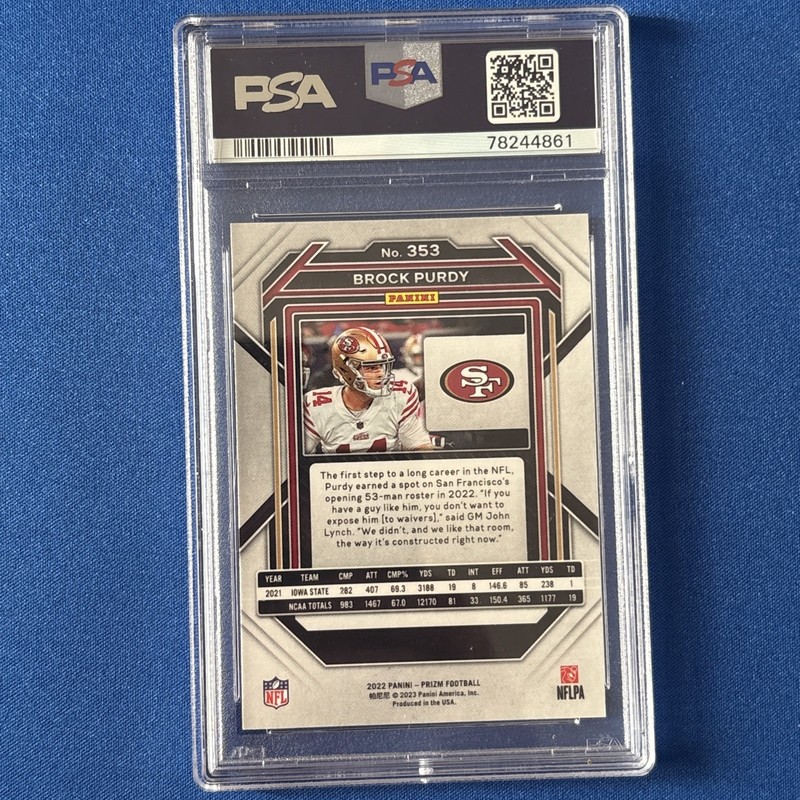 2022 Panini Prizm Brock Purdy Rookie RC #353 PSA 9 Mint San Francisco 49ers view 2