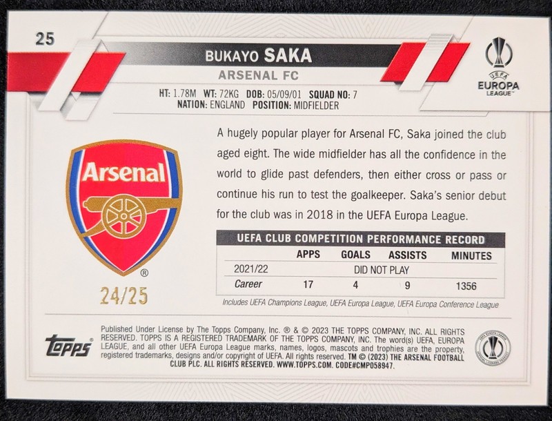 Bukayo Saka Orange Refractor /25 2022-23 Topps UCC Flagship Jade UEFA #25 SP view 2