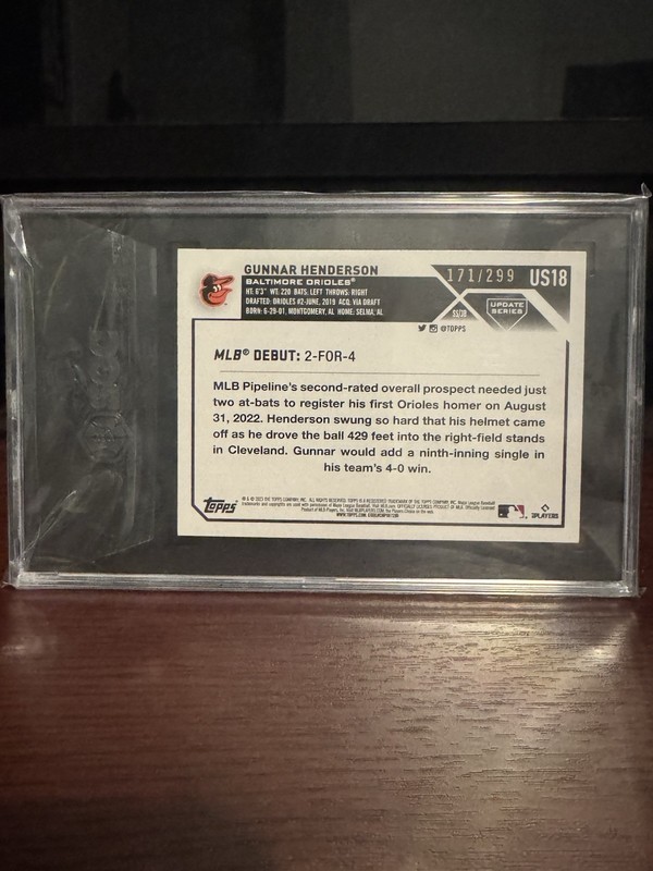 2023 Topps Update Series RC Debut Gunnar Henderson #US18 Orange Foil /299 PSA 10 view 2