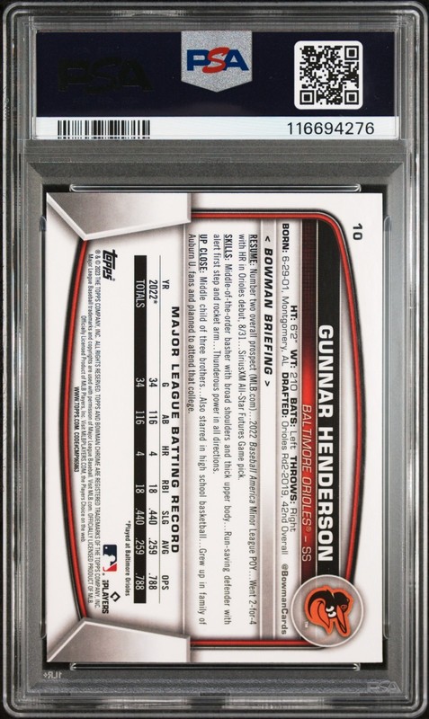 💎 2023 Bowman Chrome Gunnar Henderson #10 RC PSA 10 GEM MINT Orioles🔥 view 2