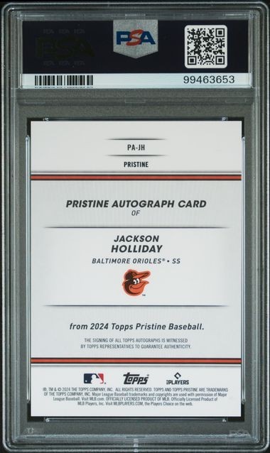 2024 TOPPS PRISTINE #PAJH JACKSON HOLLIDAY AUTOGRAPH-PURPLE PRISTINE PSA MINT 9 view 2