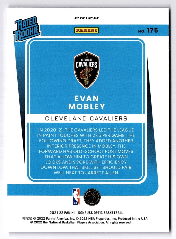 2021-22 Donruss Optic Target Exclusive SP Silver Pulsar Prizm Evan Mobley RC view 2