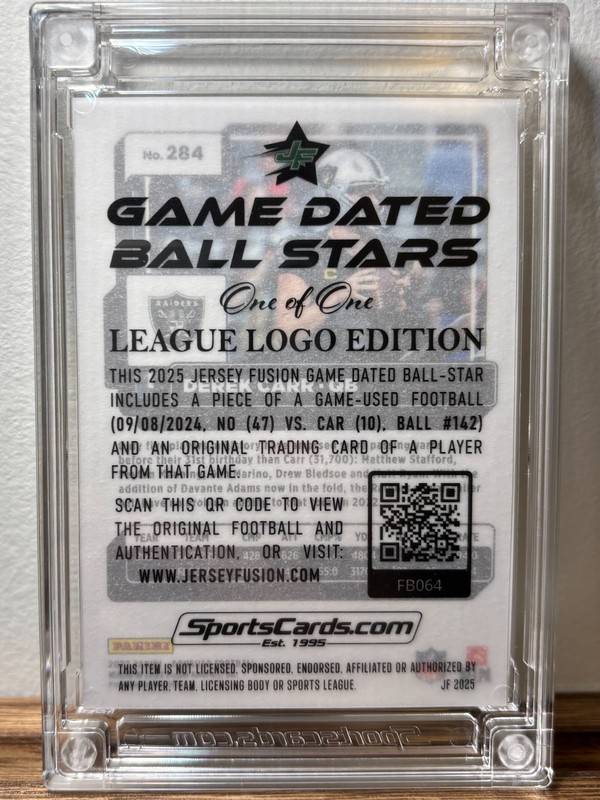 Derek Carr 1/1 Game Used Ball NFL Logo GU Football SP 2025 Jersey Fusion view 2