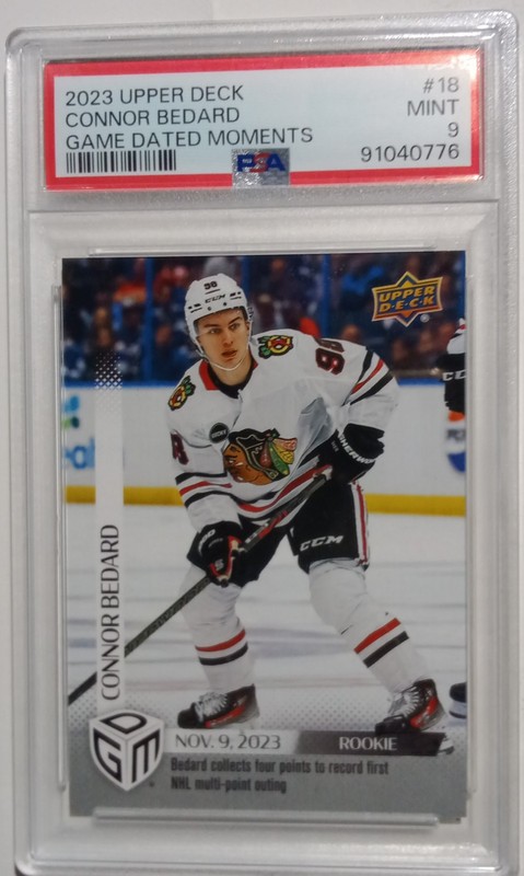 Connor Bedard 2023-24 UD Game Dated Moments Rookie Card PSA Mint Ltd Ed 1,199!