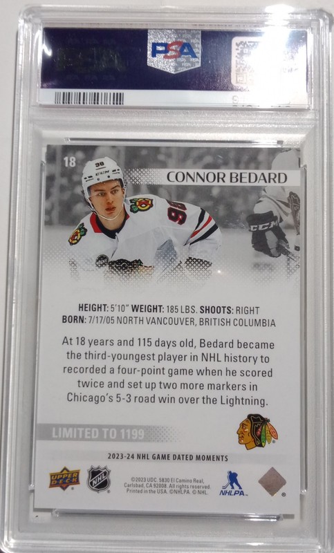 Connor Bedard 2023-24 UD Game Dated Moments Rookie Card PSA Mint Ltd Ed 1,199! view 2