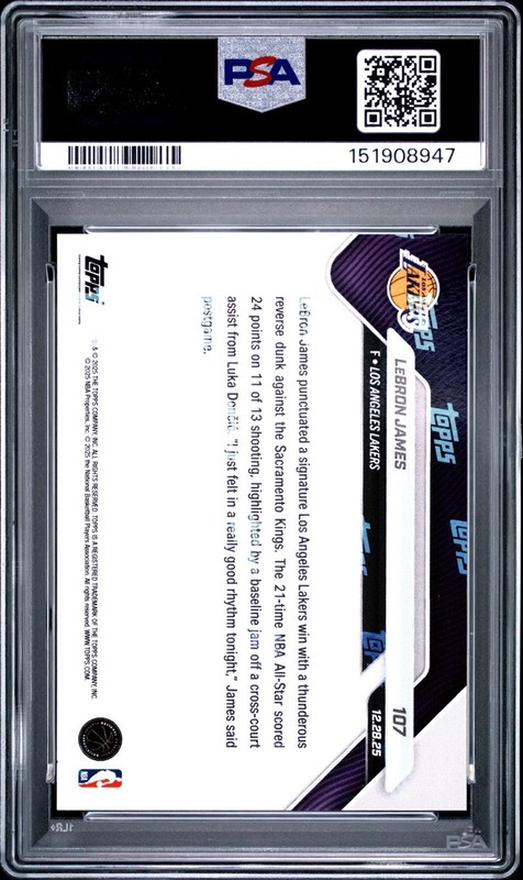 2025-26 Topps Now NBA #107 LeBron James Reverse Jam Lakers PSA 10 view 2