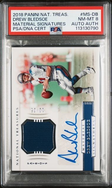 2018 NATIONAL TREASURE #MS-DB DREW BLEDSOE MATERIAL SIG. 12/25 PSA 8 AUTO AUTH