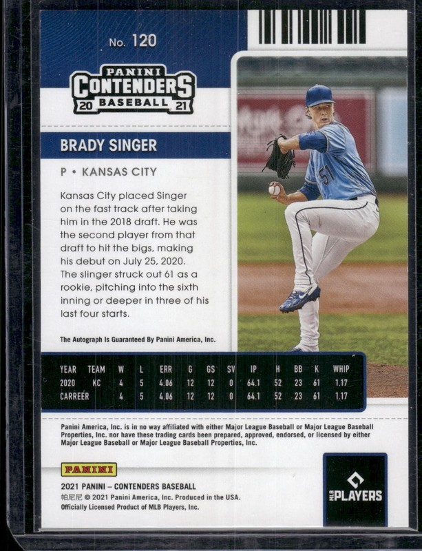 2021 Panini Contenders #120 Brady Singer RC Auto view 2