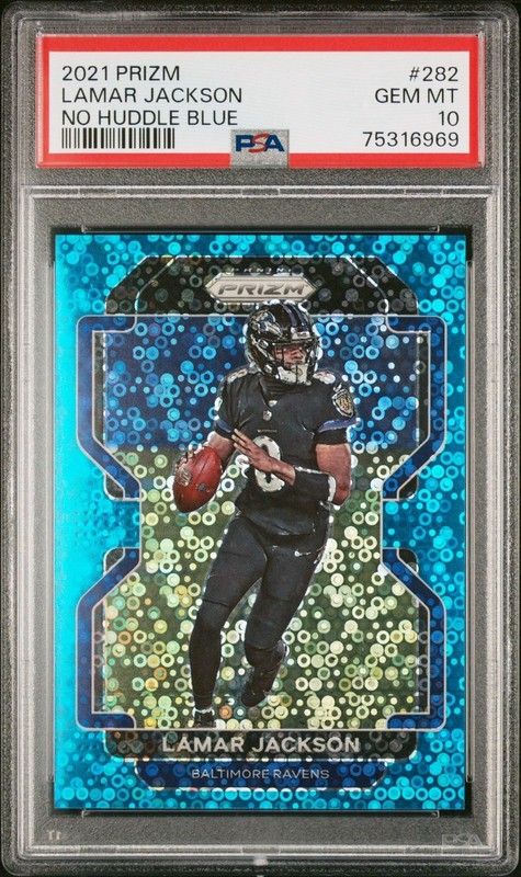 2021 PANINI PRIZM LAMAR JACKSON #282 NO HUDDLE BLUE PRIZM /79 PSA 10 GEM