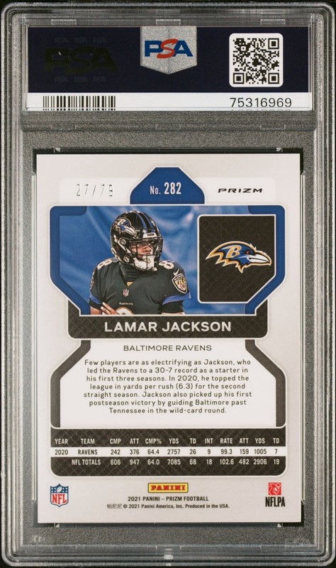 2021 PANINI PRIZM LAMAR JACKSON #282 NO HUDDLE BLUE PRIZM /79 PSA 10 GEM view 2