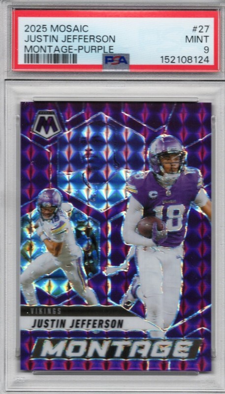 Justin Jefferson 2025 Panini Mosaic Montage Purple Mosaic Prizm /49 #27 PSA 9