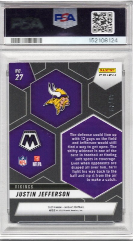 Justin Jefferson 2025 Panini Mosaic Montage Purple Mosaic Prizm /49 #27 PSA 9 view 2
