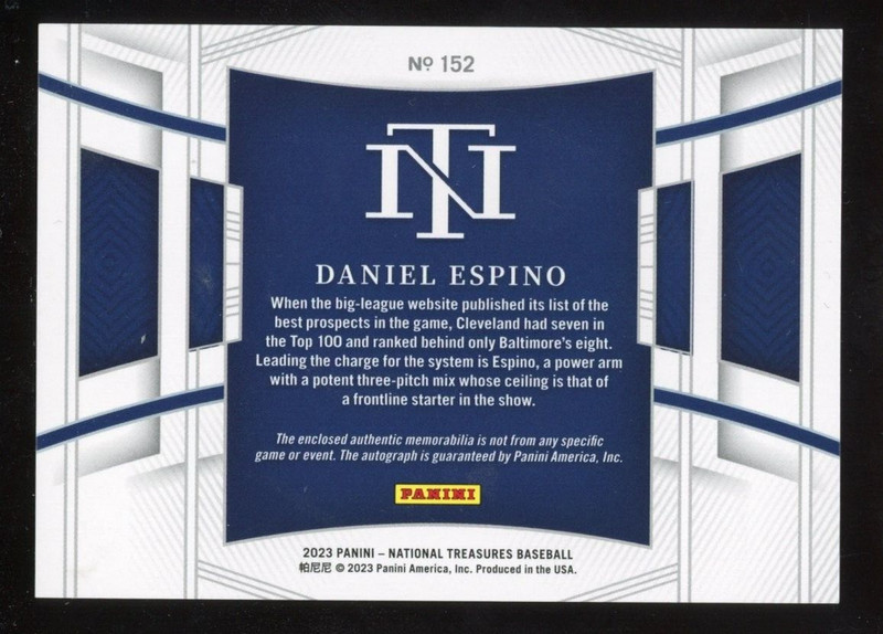 Daniel Espino 2023 National Treasures Auto Patch Relic Serial #d 21/25 Cleveland view 2