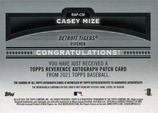 Topps Series Two Baseball 2021 Reverence Auto Patch Card RAP-CM Casey Mize 3/5 view 2