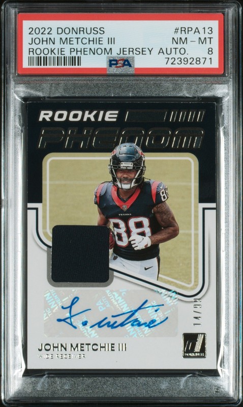 2022 Panini Donruss Rookie Phenom /99  Jersey Auto #RPA13 John Metchie Iii PSA 8