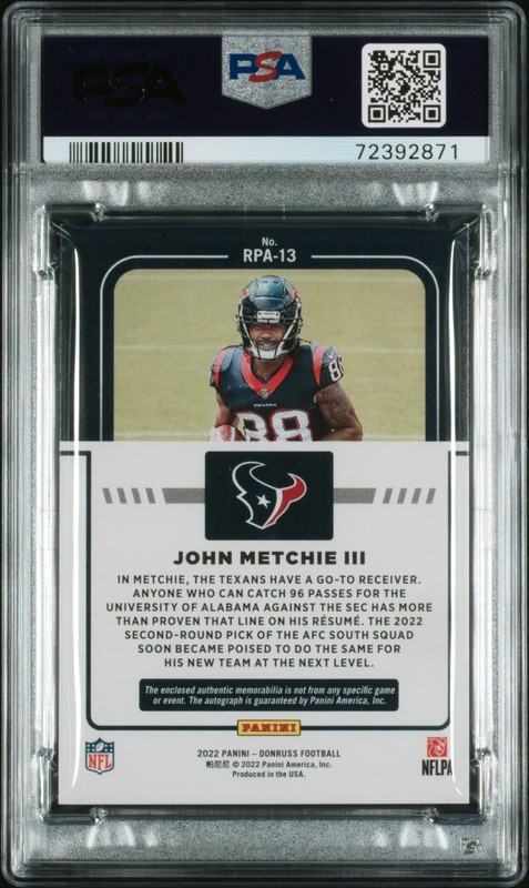 2022 Panini Donruss Rookie Phenom /99  Jersey Auto #RPA13 John Metchie Iii PSA 8 view 2