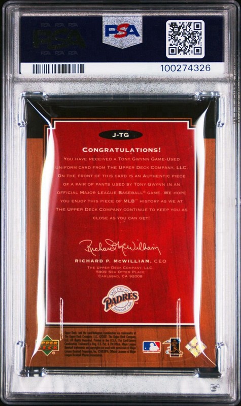 2001 Upper Deck Legends Tony Gwynn Game Worn Uniform Patch PSA 7 J-TG view 2