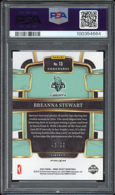 Breanna Stewart #13 White Prizm /99 - 2024 Panini Select WNBA - PSA 10 - Liberty view 2