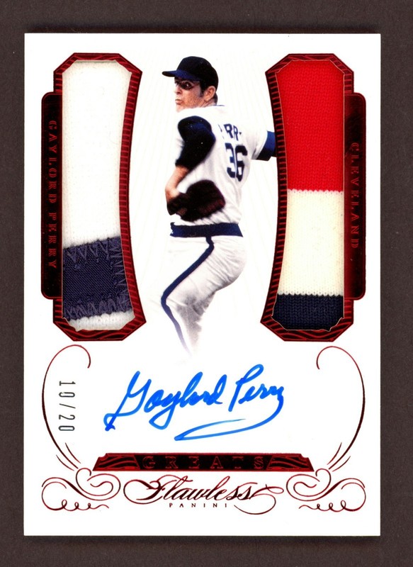 Gaylord Perry 2016 Panini Flawless Greats Ruby GAME-USED DUAL PATCH AUTO 10/20 view 2