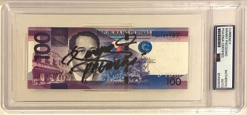Manny Pacquiao Pacman Boxing Signed Auto 100 Pesos Philipines PSA DNA Slabbed
