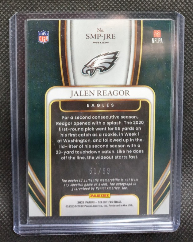 JALEN REAGOR Patch Auto Silver 61/99 No. SMP-JRE 2021 Select Football view 2