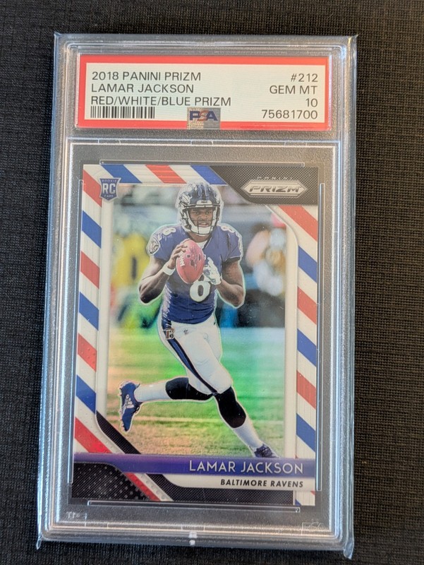 2018 Panini Prizm Lamar Jackson Red White Blue Prizm #212 Ravens RC PSA 10